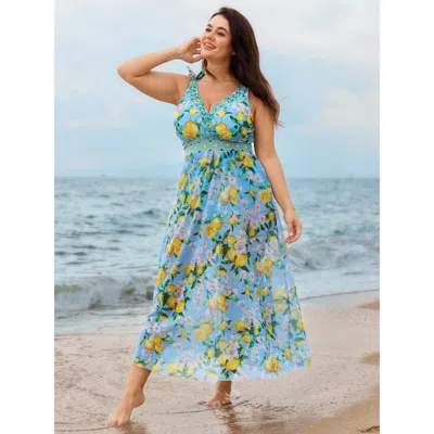 Bloomchic Women's Plus Size Two-piece Citrus Print Sarong Swimsuit Skyblue Fruit Lace-up Adaptive-fit 30/6x In Blue