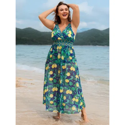 Bloomchic Women's Plus Size Two-piece Citrus Print Sarong Swimsuit Teal Fruit Lace-up Adaptive-fit 10/m In Blue