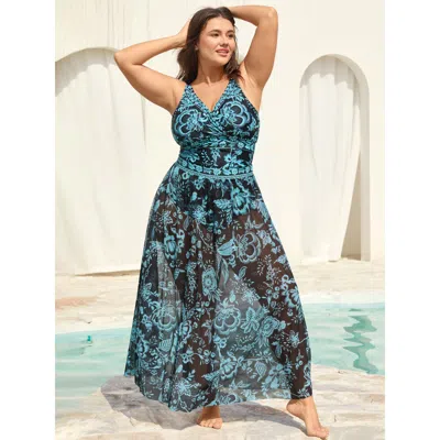 Bloomchic Women's Plus Size Two-piece Floral Print Ruched Mesh Swimsuit, Sarong Black Botanical Ruched Adaptiv