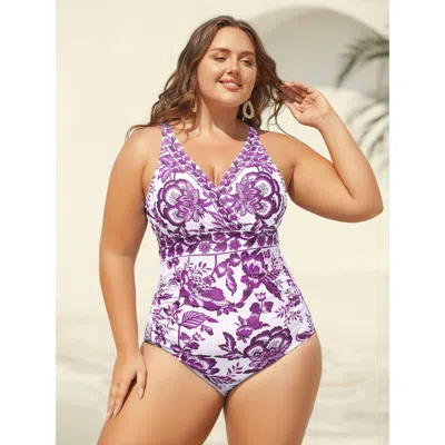 Bloomchic Women's Plus Size Two-piece Floral Print Ruched Mesh Swimsuit, Sarong Blueviolet Botanical Ruched Ad