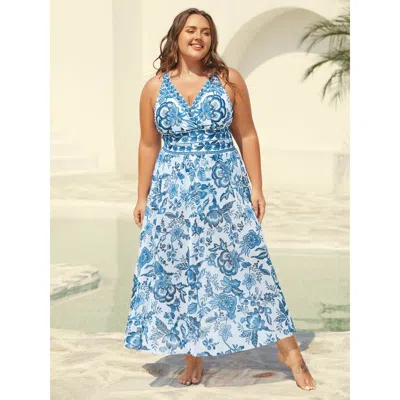 Bloomchic Women's Plus Size Two-piece Floral Print Ruched Mesh Swimsuit, Sarong Cerulean Botanical Ruched Adap In Blue
