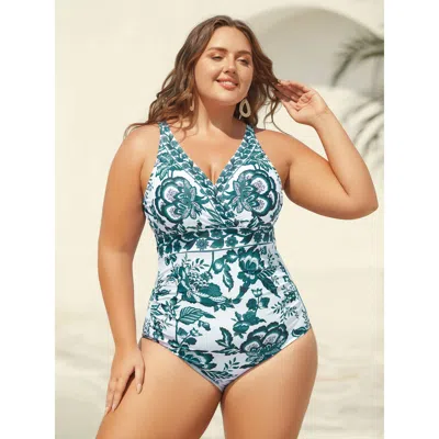 Bloomchic Women's Plus Size Two-piece Floral Print Ruched Mesh Swimsuit, Sarong Cyan Botanical Ruched Adaptive In Blue