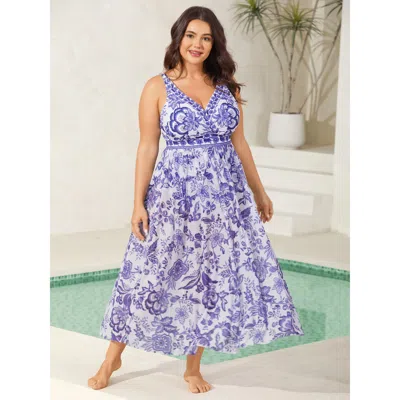 Bloomchic Women's Plus Size Two-piece Floral Print Ruched Mesh Swimsuit, Sarong Darkblue Botanical Ruched Adap In Blue