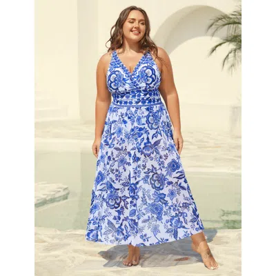 Bloomchic Women's Plus Size Two-piece Floral Print Ruched Mesh Swimsuit, Sarong Indigo Botanical Ruched Adapti In Purple