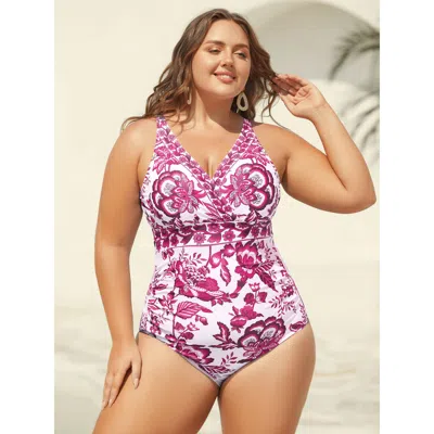 Bloomchic Women's Plus Size Two-piece Floral Print Ruched Mesh Swimsuit, Sarong Rosered Botanical Ruched Adapt