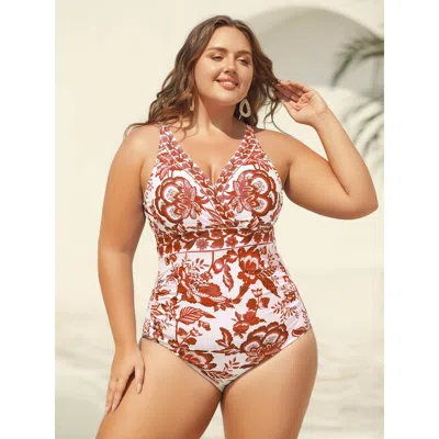 Bloomchic Women's Plus Size Two-piece Floral Print Ruched Mesh Swimsuit, Sarong Rust Botanical Ruched Adaptive In Brown