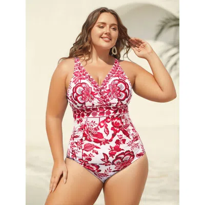 Bloomchic Women's Plus Size Two-piece Floral Print Ruched Mesh Swimsuit, Sarong Scarlet Botanical Ruched Adapt In Red