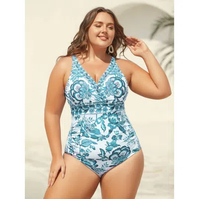 Bloomchic Women's Plus Size Two-piece Floral Print Ruched Mesh Swimsuit, Sarong Teal Botanical Ruched Adaptive In Blue