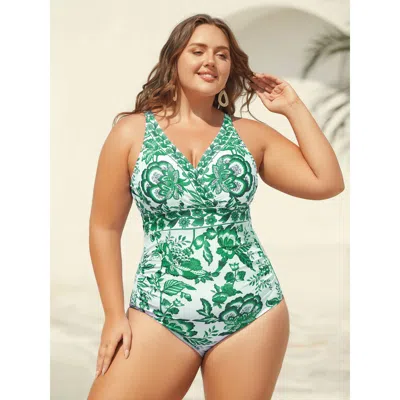 Bloomchic Women's Plus Size Two-piece Floral Print Ruched Mesh Swimsuit, Sarong Truegreen Botanical Ruched Ada
