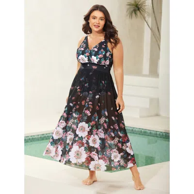 Bloomchic Women's Plus Size Two-piece Floral Print Sarong, Swimsuit Black Floral Mesh Panel Adaptive-fit 30/6x