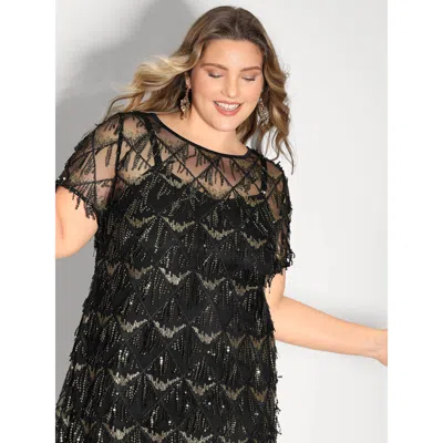 Bloomchic Women's Plus Size Two-piece Fringe Sequin Mini Dress Black Solid Mini Party Cut-out 10/m