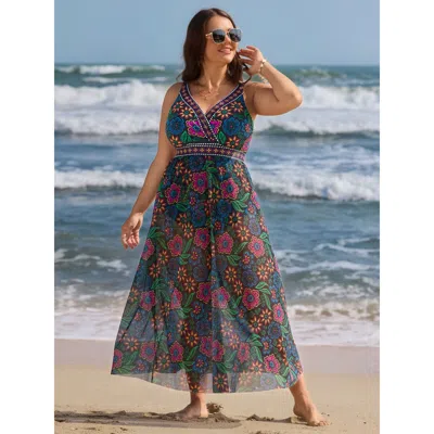 Bloomchic Women's Plus Size Two-piece Sarong Floral Print One-piece Swimsuit Black Floral Adaptive-fit 12/l