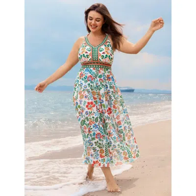 Bloomchic Women's Plus Size Two-piece Tummy-friendly Sarong Swimsuit Ivory Floral Non Tummy Control 10/m In White