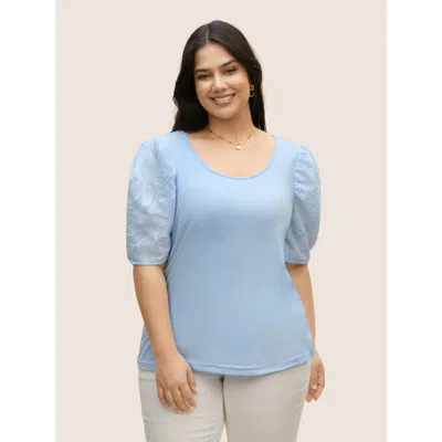Bloomchic Women's Plus Size U Neck Chiffon Patchwork Bishop Sleeve T-shirt Lightblue Non Everyday Short Sleeve In Blue