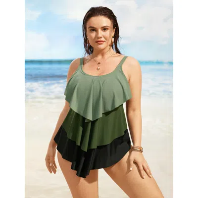Bloomchic Women's Plus Size U Neck Contrast Tiered Ruffles One Piece Swimsuit Armygreen Geometric Tiered Adapt