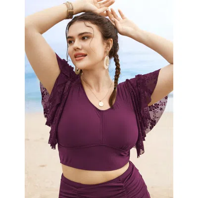 Bloomchic Women's Plus Size U Neck Crochet Lace Mesh Swim Top Burgundy Solid Short Sleeve Mesh Panel 30/6x