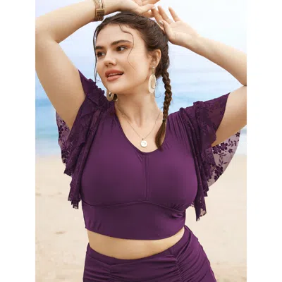Bloomchic Women's Plus Size U Neck Crochet Lace Mesh Swim Top Deeppurplered Solid Short Sleeve Mesh Panel 30/6