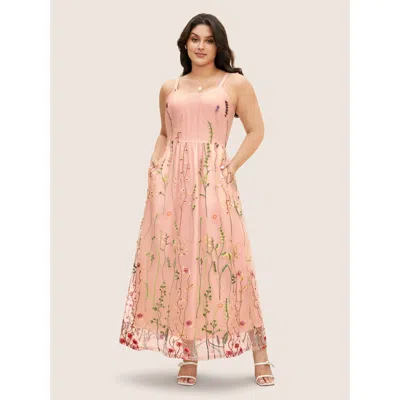Bloomchic Women's Plus Size U Neck Floral Embroidered Mesh Cami Dress Blush Floral Maxi Party Embroidered 22-2 In Pink