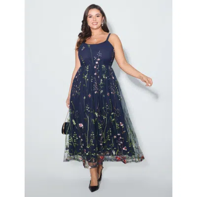 Bloomchic Women's Plus Size U Neck Floral Embroidered Mesh Cami Dress Darkblue Floral Maxi Party Embroidered 1 In Blue