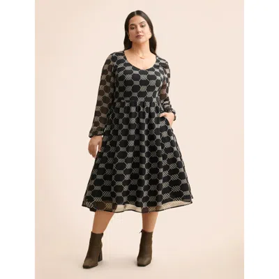 Bloomchic Women's Plus Size U Neck Geometric Mesh Dress Blackflower Geometric Midi Office See Through 12/l