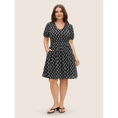 Bloomchic Women's Plus Size U Neck Geometric Tie Knot Puff Sleeve Dress Black Plaid Knee Everyday Texture 10/m