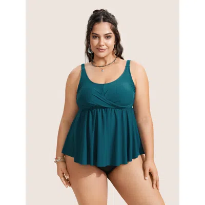Bloomchic Women's Plus Size U Neck Plain Crossover Gathered Swim Top Cyan Non Sleeveless Twist Adaptive-fit 10 In Blue