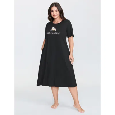 Bloomchic Women's Plus Size Ultra-comfort Stretchy Otter Print Nightgown Black Short Sleeve Midi Round Neck 10