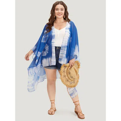 Bloomchic Women's Plus Size Ultracool Tie Dye Asymmetrical Hem Open Front Kimono Darkblue Drape 12/l In Blue