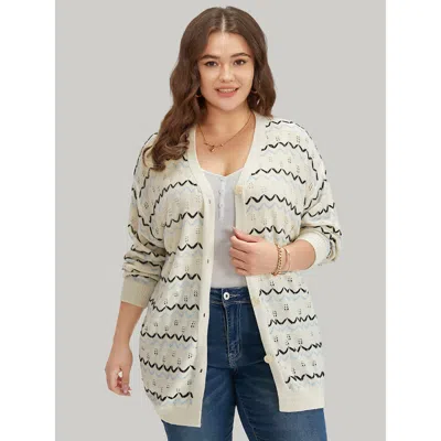 Bloomchic Women's Plus Size Ultracool Wave Striped Eyelet Button Through Cardigan Beige Long Sleeve 22-24/3x In Sand