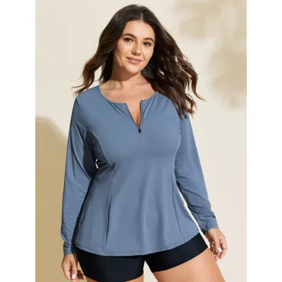 Bloomchic Women's Plus Size Upf 50+ Protection Half Zipper Swim Top Lightblue Solid Long Sleeve Non 22-24/3x In Blue