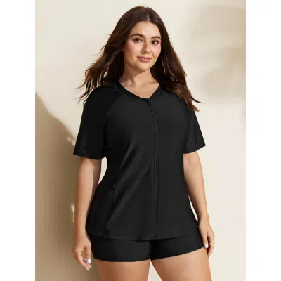 Bloomchic Women's Plus Size Upf 50+ Zipper Front Pockets Swim Top Black Short Sleeve 10/m