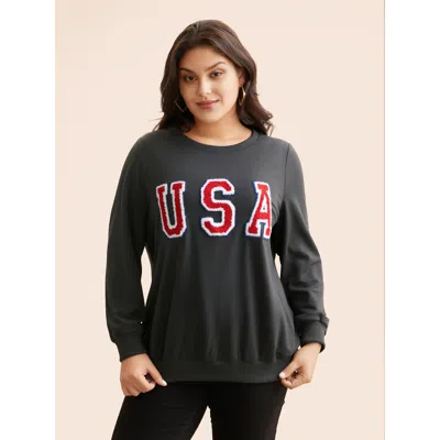Bloomchic Women's Plus Size Usa Embroidered Patch Round Neck Sweatshirt Dimgray Casual 12/l