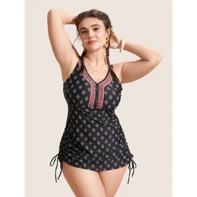 Bloomchic Women's Plus Size V Neck Bandana Print Drawstring Swim Top Black Ethnic Floral Sleeveless Ruched Ada