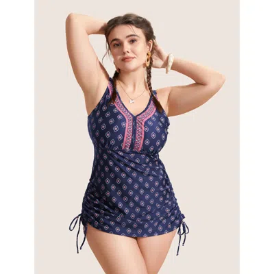 Bloomchic Women's Plus Size V Neck Bandana Print Drawstring Swim Top Indigo Ethnic Floral Sleeveless Ruched Ad In Purple