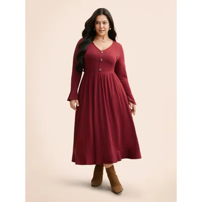 Bloomchic Women's Plus Size V Neck Button Detail Rib Knit Dress Burgundy Non Midi Everyday Texture 14-16/1x