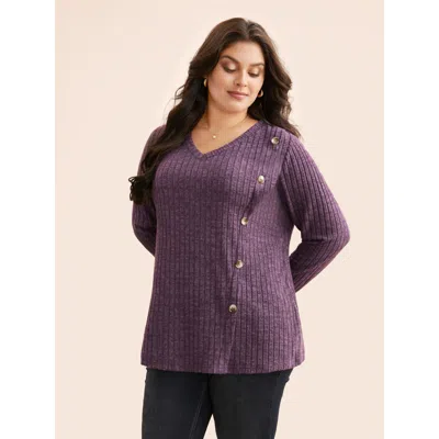 Bloomchic Women's Plus Size V Neck Button Detail Rib Knit T-shirt Mauve Non Everyday Extra Long Sleeve 10/m In Purple
