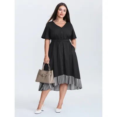Bloomchic Women's Plus Size V Neck Button Front Striped Hem Midi Dress Black Color Block Midi Office Colorbloc