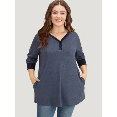 Bloomchic Women's Plus Size V Neck Button Up Contrast Elastic Cuffs Pocket T-shirt Indigo Dailywear Long Sleev In Purple