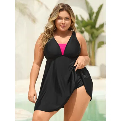 Bloomchic Women's Plus Size V Neck Color Contrast Swim Dress Black Color Block Colorblock Adaptive-fit 12/l