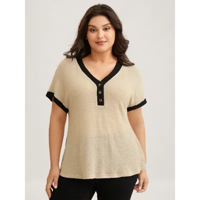 Bloomchic Women's Plus Size V Neck Contrast Button Detail Knit T-shirt Apricot Non Casual Short Sleeve 10/m In Orange