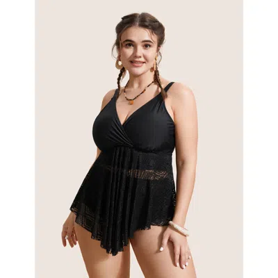Bloomchic Women's Plus Size V Neck Crochet Lace Mesh Swim Top Black Non Texture Adaptive-fit 10/m