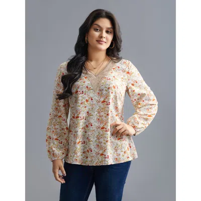 Bloomchic Women's Plus Size V Neck Ditsy Floral Contrast Webbing Blouse Multicolor Ditsy Floral Everyday Long 