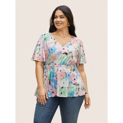 Bloomchic Women's Plus Size V Neck Floral Shirred Flutter Sleeve T-shirt Multicolor Short Sleeve Everyday 10/m
