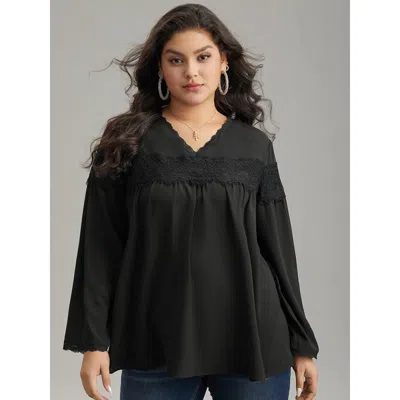 Bloomchic Women's Plus Size V Neck Lace Panel Gathered Blouse Black Going Out Long Sleeve 10/m