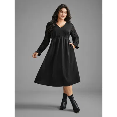Bloomchic Women's Plus Size V Neck Lace Patchwork Midi Dress Black Non Midi Everyday Woven Ribbon&lace Trim 28