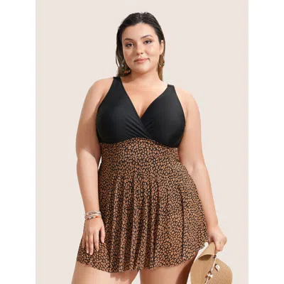 Bloomchic Women's Plus Size V Neck Leopard Print Patchwork Swim Dress Black Animal Motif Patchwork Adaptive-fi