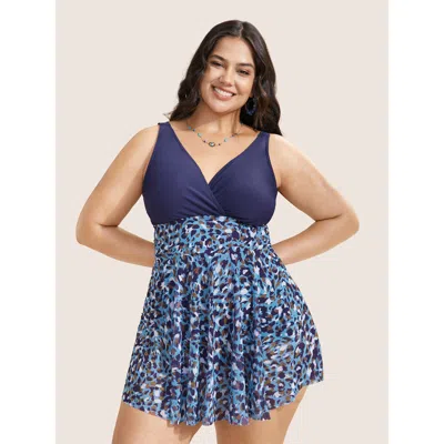 Bloomchic Women's Plus Size V Neck Leopard Print Patchwork Swim Dress Indigo Animal Motif Patchwork Adaptive-f In Purple
