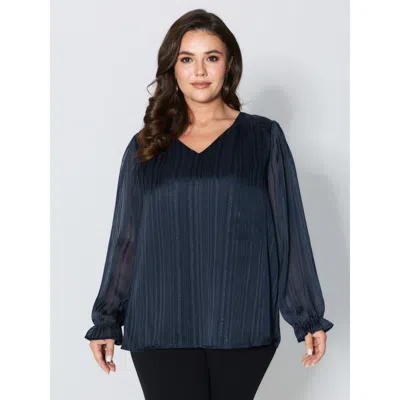 Bloomchic Women's Plus Size V Neck Luxe Shirred Cuff Blouse Indigo Non Office Extra Long Sleeve 10/m In Purple