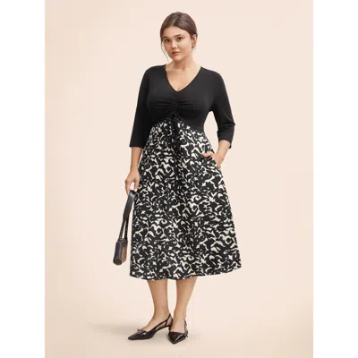 Bloomchic Women's Plus Size V Neck Patchwork Drawstring Dress Black Geometric Midi Everyday Patchwork 22-24/3x