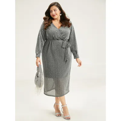 Bloomchic Women's Plus Size V Neck Pearl Beaded Belted Dress Dimgray Dailywear Wrap / Overlap 10/m